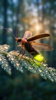 Glowing firefly beetle with luminescent abdomen perched on moss-covered branch with water droplets in enchanted forest setting for nature photography.