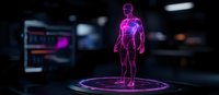 Futuristic purple hologram projection of human figure standing on circular platform against dark technological background with digital displays.
