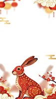 Red ornamental rabbit with floral patterns on white background with lanterns and cherry blossoms for lunar new year celebration and festival design.