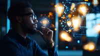 Young African American man in glasses contemplating innovative technology concepts, surrounded by glowing network connections and illuminated elements in dark atmosphere.