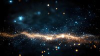Cosmic nebula with glowing golden dust trail against dark space background, illuminated by bright blue stars creating magical celestial atmosphere.