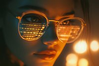 Young Asian woman in glasses with computer code reflection on lenses in warm orange light, dramatic close-up portrait showing modern technology concept.
