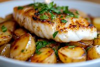Grilled white fish fillet served on golden roasted potatoes, garnished with fresh herbs in butter sauce. Close-up view shows moist, flaky texture and caramelized sear.