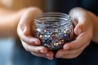 Female hands holding glass jar filled with colorful metallic glitter and sequins, creating magical sparkle effect against blurred background. Soft focus photography.
