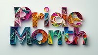 Colorful paper quilling lettering spelling Pride Month in rainbow gradient colors against light background, featuring intricate coiled paper designs and patterns.