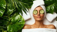Young woman relaxing at spa with cucumber slices on eyes, wrapped in white towels, surrounded by tropical monstera leaves against green background.