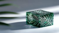 Transparent soap bar with embedded green palm leaves creating artistic botanical pattern, casting soft shadows on light surface. For cosmetic and spa design.