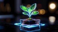 Glowing plant seedling in futuristic pot with neon blue light effect against dark background with bokeh lights. Modern concept of growth and innovation.