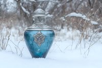 Ornate silver-decorated blue glass vase in winter snow scene with blurred natural background creates magical fairy tale atmosphere for holiday and seasonal designs.