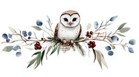 Watercolor barn owl perched on winter branch with berries and eucalyptus leaves. Festive holiday decoration element for greeting cards and seasonal designs.