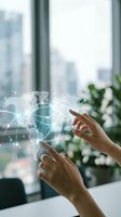 Hands interacting with holographic world map displaying global network connections and data points in modern office environment for business technology.