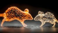 Abstract digital art of two glowing network animals facing each other, one orange and one white, with particle effects against dark background.