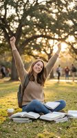 Happy young Caucasian female student celebrating academic success outdoors with raised arms, sitting cross-legged among open books in sunny park setting.