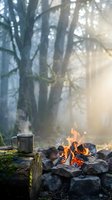 Campfire with metal mug in misty forest at sunrise creating cozy outdoor camping atmosphere with sunbeams filtering through trees and steam rising from fire.