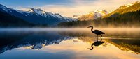 Serene mountain lake at sunrise with heron silhouette reflected in calm water, misty atmosphere and golden light illuminating snow-capped peaks in wilderness landscape.