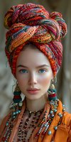 Young woman wearing vibrant multicolored turban headwrap, ethnic jewelry with turquoise beads and orange clothing, striking blue eyes and natural makeup in bohemian style portrait.