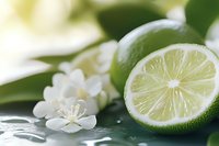 Fresh lime half with white jasmine flowers on wet surface creating spa wellness aromatherapy concept for natural skincare and relaxation treatments.