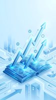 Digital transformation concept with upward arrows emerging from open book representing growth, data analytics and business success in blue tones.