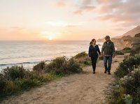 Couple walking along sandy coastal path at sunset with ocean waves and cliffs in background, romantic evening stroll for travel and lifestyle content.
