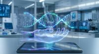 Futuristic holographic DNA double helix floating above open palm in modern laboratory setting with digital data visualization and scientific research technology.
