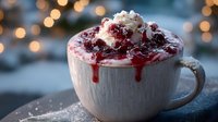 Festive hot chocolate with cranberry sauce and whipped cream in white mug with holiday bokeh lights background for seasonal beverages and winter comfort drinks.