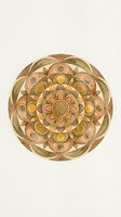 Ornate mandala design featuring concentric circles with floral and geometric patterns in warm earth tones of gold, copper, and cream. Isolated on white background for design applications.