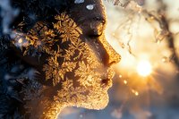 Delicate frost crystals form intricate patterns on winter window glass, backlit by warm golden sunlight creating magical natural ice formations at sunrise.