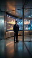 Professional businessman in modern office with digital financial data displays and analytics dashboards for corporate presentations.
