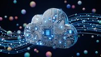 Cloud computing infrastructure with circuit board patterns and glowing blue processor core, surrounded by flowing digital data streams and colorful particles on dark background for technology and innovation concepts.
