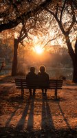 Couple sitting on park bench watching golden sunset through autumn trees, creating long shadows on ground with tranquil lake in background.