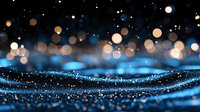 Magical glowing blue waves with sparkling bokeh lights and shimmering particles creating dreamy abstract background for luxury designs and festive concepts.