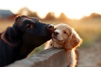 Black cow tenderly nuzzling golden retriever puppy at sunset on farm, creating heartwarming moment of interspecies friendship and animal bonding in warm light.