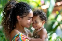 Young African American mother holding toddler daughter outdoors, both with natural curly hair and genuine smiles, sharing tender moment against green garden background.