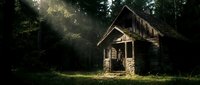 Abandoned wooden cottage surrounded by dense forest with sunlight filtering through trees, evoking mystery and decay for atmospheric storytelling and editorial use.