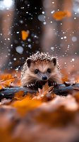 Adorable hedgehog sitting on wooden log surrounded by autumn leaves during gentle snowfall in forest setting for seasonal wildlife photography.