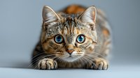 Striped tabby cat with bright blue eyes in hunting pose against blurred background, focused expression and alert posture showing predatory behavior.