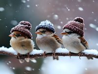 Three small birds wearing knitted winter hats perched on snowy branch during snowfall, creating whimsical winter scene with natural bokeh effect.