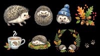 Hedgehog collection with autumn leaves, cozy tea cup, and woodland wreath. Isolated on transparent background, ready for t-shirt designs, clipart, stickers, print-on-demand products, and sublimation projects.