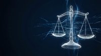 Digital justice scales with glowing wireframe design on dark blue background representing legal technology, law firm services, and modern judicial system.