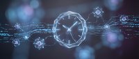 Digital clock hologram with glowing network connections and data streams on dark background for technology and time management concepts.