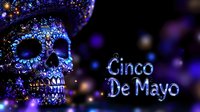 Cinco de Mayo festive banner with ornate sugar skull in blue and purple tones, glowing bokeh lights on dark background.