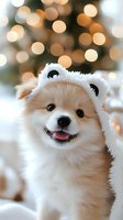 Adorable Pomeranian puppy wearing white bear ears costume smiles at camera with festive bokeh lights in background, creating magical holiday atmosphere.