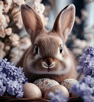 Adorable brown rabbit with Easter eggs surrounded by purple lilac flowers in spring garden setting for holiday celebrations and seasonal decorations.