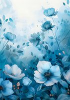 Delicate blue flowers and leaves create dreamy floral composition against misty background in soft turquoise tones, artistic botanical illustration for wall decor.