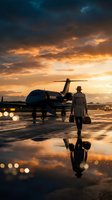 Business traveler walking toward private jet at sunset with dramatic sky reflection on wet tarmac for luxury travel and corporate aviation concepts.