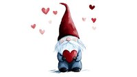 Cute gnome holding red heart with scattered pink hearts around, watercolor style illustration on white background, suitable for Valentine's day designs and greeting cards.