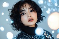 Young Asian woman with short wavy black hair wearing sequin turtleneck against bokeh lights background. Glamorous beauty portrait with soft dreamy atmosphere.