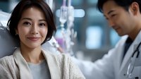 Young Asian female patient smiling confidently during medical consultation while doctor reviews charts in modern healthcare facility background.