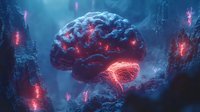 Glowing red neural network in shape of human brain against dark blue background, depicting artificial intelligence and brain activity visualization.