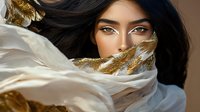 Middle Eastern woman with striking blue eyes and dark hair partially covered by flowing white fabric with gold feather details, creating mysterious allure.